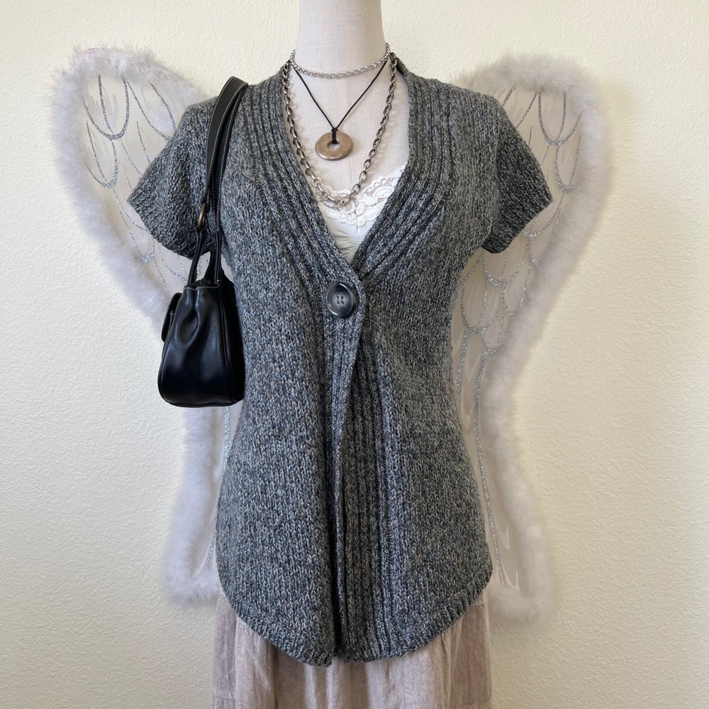 Whimsy Twee Mori Girl Short Sleeve Knit Cardigan Button Front Gray‎ Babydoll Y2K